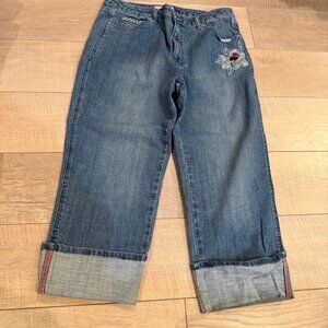 CHICO'S PLATINUM WOMENS SIZE 2 CROPPED DENIM EMBROIDERED JEANS US 12